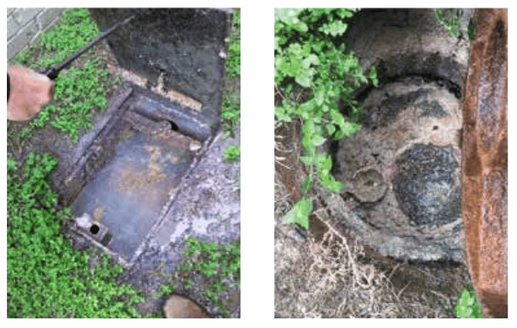 Two images showing grease trap cleaning and inspection process.